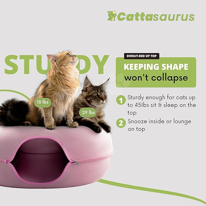 Cattasaurus Peekaboo Cat Cave for Multiple &amp; Large Cats Up to 30-45 Lbs, Scratch Detachable &amp; Washable Tunnel Bed, Comfy Donut Cat Cave (Pink, Jumbo)