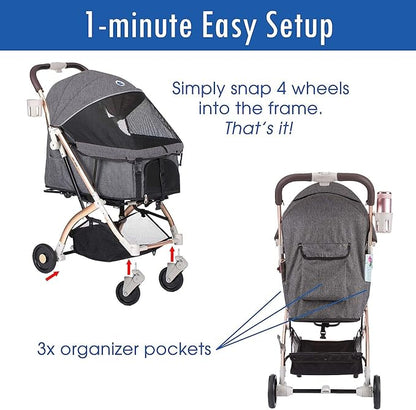 HPZ-PR America Pet Rover Lite Premium Light-Weight Dog/Cat/Pet Stroller Travel Carriage with Convertible Compartment/Aluminum Frame for Small &amp; Medium Pets (Gray 2nd-Gen.)