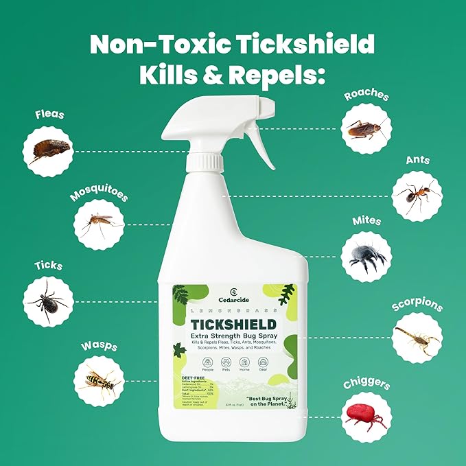 Cedarcide Extra- Strength Tickshield | Deep Woods Cedar Oil Tick &amp; Mosquito Repellent Spray Kills &amp; Repels Ticks, Fleas, Chiggers and Mosquitoes| For People &amp; Pets | Natural Essential Oils | Quart