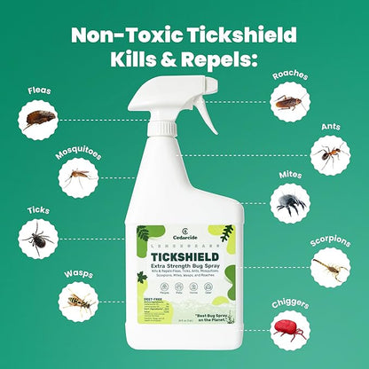 Cedarcide Extra- Strength Tickshield | Deep Woods Cedar Oil Tick &amp; Mosquito Repellent Spray Kills &amp; Repels Ticks, Fleas, Chiggers and Mosquitoes| For People &amp; Pets | Natural Essential Oils | Quart