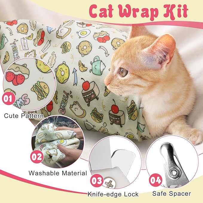 4p Cat Wrap for Cutting Nails Set, Self-Adhesive Cat Wrap Comfortable &amp; Soft Cat Grooming Wrap Suitable for Many Cat Sizes Cat Burrito Wrap for Trimming Nails