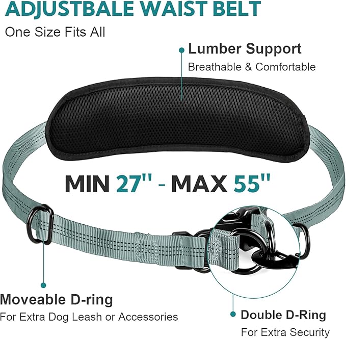 Hands Free Dog Leash with Pouch, Adjustable Waist Belt with Double Padded Handles, Waist Leash for Dog Walking, Dog Leash with Bungee for Medium &amp; Large Dog, Dog Walking Accessories, Olive
