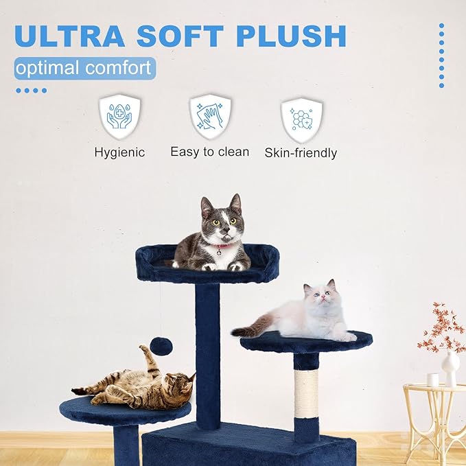 FDW Cat Tree 54in Cat Tower Multi-Level Durable Cat Scratching Post &amp; Cozy Fun Cat Jumping Platform Space Saving Cat Condo Pet Play House for Indoor Cats,Navy Blue