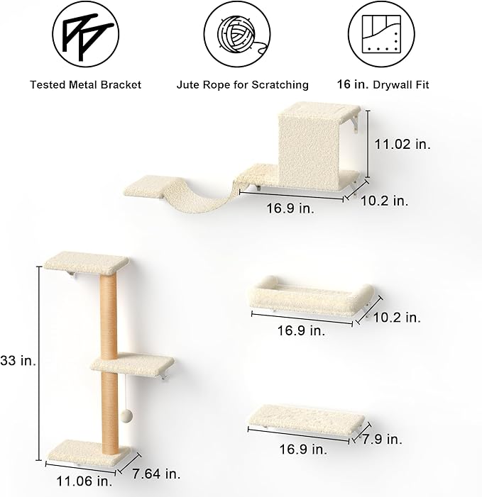 FUKUMARU Cat Wall Shelves, Stable &amp; Safe 4 in 1 Large Cat Walls Furniture Set, Wooden Kitten Climbing Wall with Scratching Post for 16 Inch Drywall - Beige