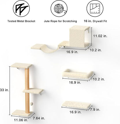 FUKUMARU Cat Wall Shelves, Stable &amp; Safe 4 in 1 Large Cat Walls Furniture Set, Wooden Kitten Climbing Wall with Scratching Post for 16 Inch Drywall - Beige