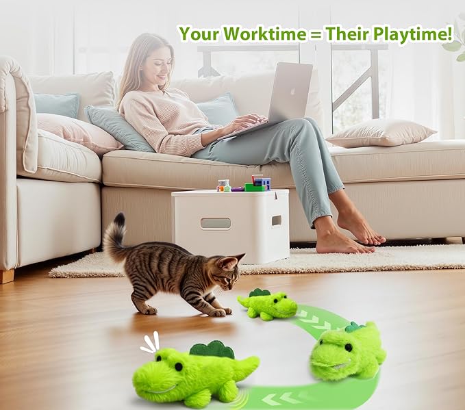 Interactive Cat Toys for Indoor Cats - Automatic Moving Cat Chase Toy for Bored Indoor Adult Cats - 360° Random Movement, Tail Wagging &amp; Catnip Stimulation - Electric Croc(Long Plush)