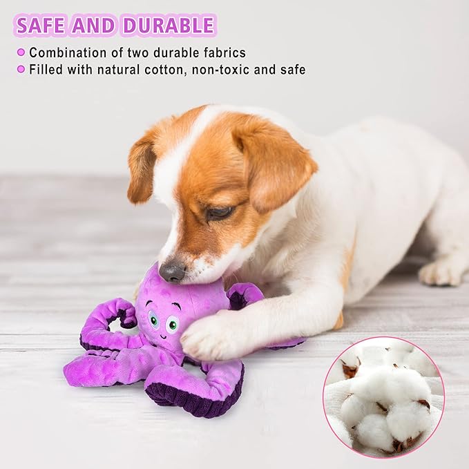 Dog Squeaky Toys Octopus - Tough Plush Large Medium &amp; Small Dog Toys - Stuffed Animals Puppy Toys - Funny Cute Dog Toy for Dog Birthday Presents (Octopus Purple)