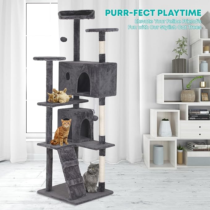 FDW Cat Tree 70in Cat Tower Multi-Level Durable Cat Scratching Post &amp; Cozy Fun Cat Jumping Platform Space Saving Cat Condo Pet Play House for Indoor Cats,Light Gray