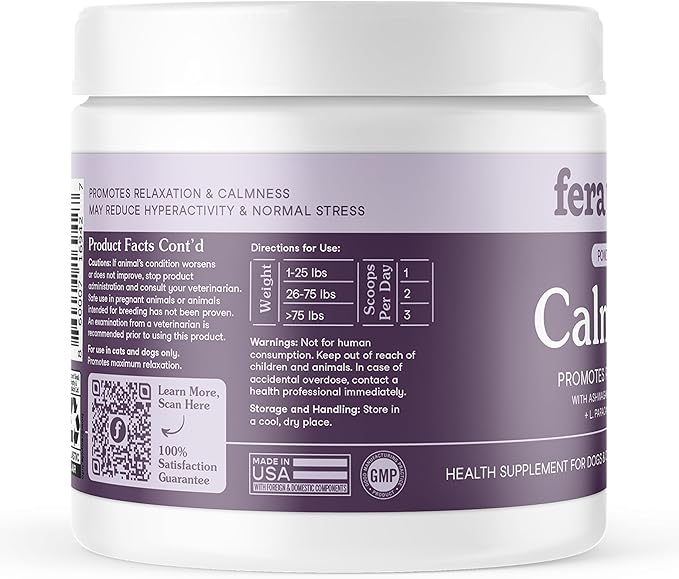 Fera Pets Calming Supplement for Dogs &amp; Cats with Probiotics, L-Theanine, and Ashwagandha - Supports Anxiety Relief - Promotes Relaxation - 60 Scoops