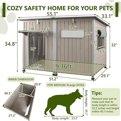 Large Dog House Outdoor XL Wooden Dog House with Weatherproof Asphalt Roof, Chew-Resistant Frame, Removable Floor, for Medium to Large Dogs Indoor Outdoor Use (Grey, 55.1"L x 33.1"W x 34.8"H)