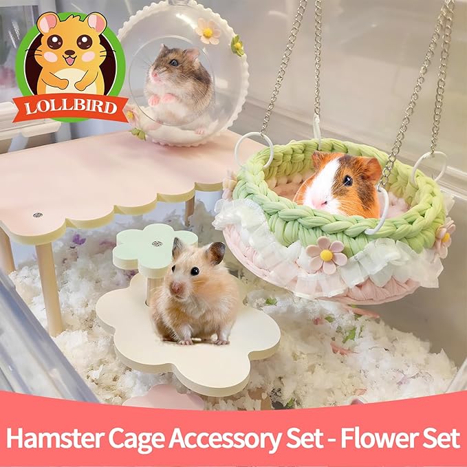 4-Pack Wooden Rat Cage Accessories - Platforms, Ladders &amp; Hammocks Set for Chinchillas, Hamsters, Gerbils (for Iron/Wooden, Acrylic Hamster Cages + Customizable Layout) (11x6.7x5.5)
