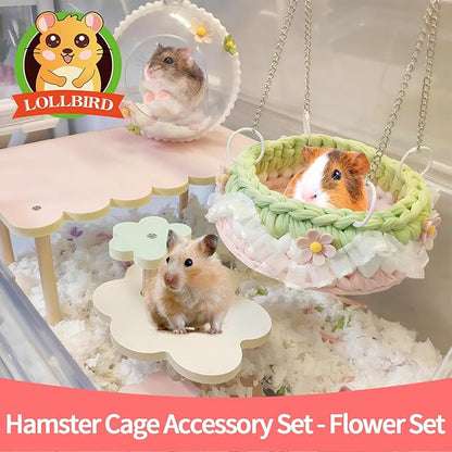 4-Pack Wooden Rat Cage Accessories - Platforms, Ladders &amp; Hammocks Set for Chinchillas, Hamsters, Gerbils (for Iron/Wooden, Acrylic Hamster Cages + Customizable Layout) (11x6.7x5.5)