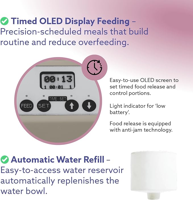 Automatic Dog &amp; Cat Food Feeder with Water Dispenser – Smart Pet Feeder with Portion Control, OLED Display, Anti Jam Design, Battery Operated Dispenser for Small Pets - Taupe