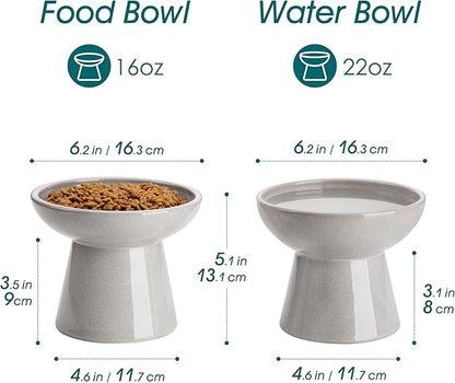 vancasso Ceramic Elevated Cat Bowls 2-Pack - 6.2" Extra Wide Raised Cat Food &amp; Water Dishes, 5.1" Optimal Height Anti-Whisker Fatigue Shallow Bowls for Cats/Kittens/Dogs, Lead &amp; Cadmium Free (Grey)