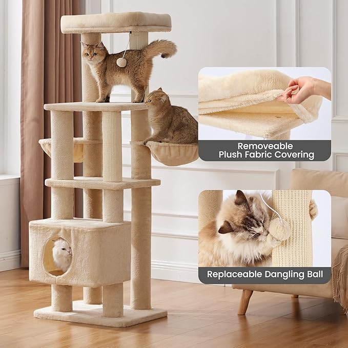 Gardner Pet 65in Heavy Duty Cat Tree Tower for Large Cats, Multi-Level Cat Furniture with Replaceable Sisal Scratching Post, Hammock | Extra-Large Platform &amp; Condo (Upgraded Beige)