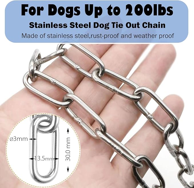 25ft Heavy Duty Chew Proof Dog Tie Out Chain Leash with Shock Absorbing Spring&amp;Lockable Hooks-Up to 200Lbs,Use for Yard,Garden,Camping or Travel