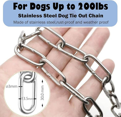 25ft Heavy Duty Chew Proof Dog Tie Out Chain Leash with Shock Absorbing Spring&amp;Lockable Hooks-Up to 200Lbs,Use for Yard,Garden,Camping or Travel