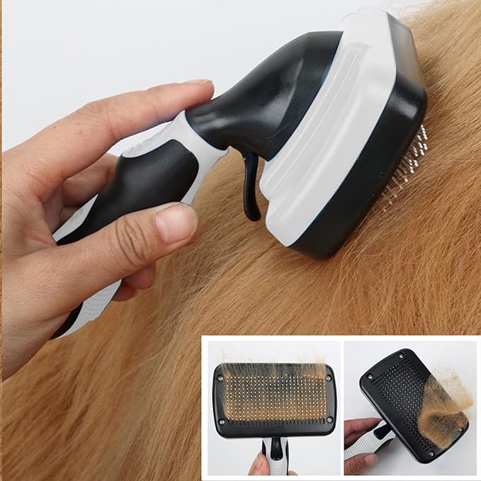 Dog Brush Kit for Grooming Short &amp; Long Haired Dogs &amp; Cats, 4-in-1 Pet Grooming Set with Self-Cleaning Slicker Brush, Deshedding Tool, Shampoo Bath Comb, Massge Comb (White Black)