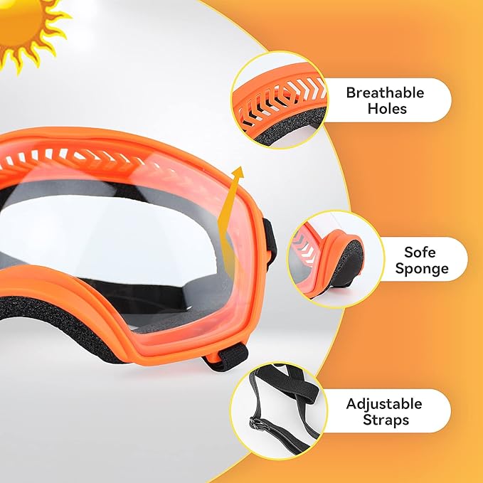 NAMSAN Clear Dog Goggles for Large Dogs, Wide Eyecup &amp; Soft Frame, Anti-UV Sunglasses for Dogs Medium to Large Breed, Driving Dog Eye Protection, Windproof Dustproof, Adjustable, Orange