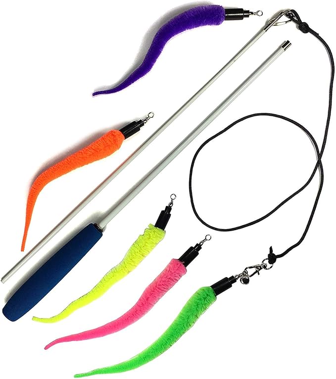Pet Fit For Life Cat Wand Toy: 5-Piece Worm Teaser &amp; Exerciser - Durable Flirt Pole/Cat Teaser Toy – Interactive Fun for Feline Fitness