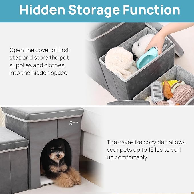 Foldable Pet Stairs for Beds &amp; Sofas - Non-Slip Dog Steps with Storage for Small to Medium Dogs &amp; Cats, Supports up to 120 lbs - Durable 2 &amp; 3-Step Doggie Ladder for Easy Access