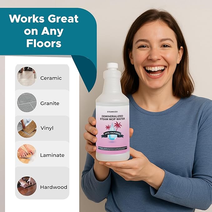 Steam &amp; Go Deminerilized Water - Multi-Surface Cleaner for Steam Cleaners, Hardwood Floors, Kitchens, &amp; Bathrooms - Germ-Killing Formula - Hotel California Scent - 32 Ounces (Pack of 12)