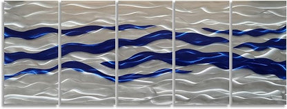 SYGALLERIER Abstract Coastal Metal Wall Art Handcrafted Big 3D Blue and Silver Artwork Modern Sea Waves Pictures Contemporary Sculpture for Living Room Bedroom Bathroom Decor