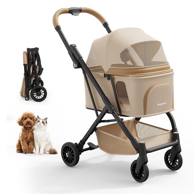 Lightweight Dog Stroller Portable Compact Folded Pet Stroller for Small/Medium Dogs &amp; Cats Up to 35lbs One Click Folding Large Cat Carriage with Adjustable Canopy Storage Basket- Khaki