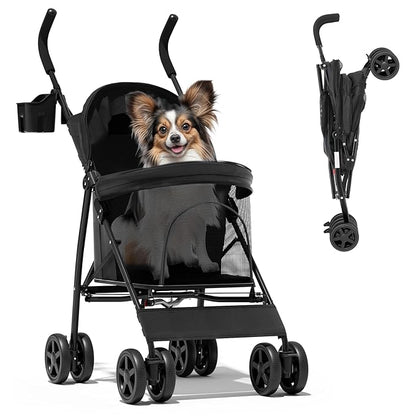 Magshion Compact Pet Stroller for Small-Medium Dogs/Cats up to 22lbs, 4-Wheel Lightweight Umbrella Shaped Portable Puppy Travel Jogger with Breathable Mesh, Cup Holder &amp; Rear Storage, Black