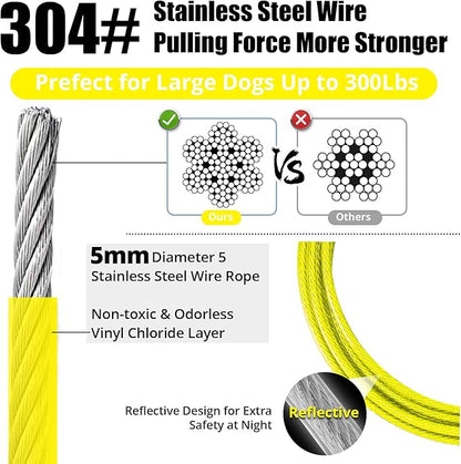 Jenico Dog Tie Out Cable, 10/15/20/30/40/50/70/100/150FT Runner Cable with Swivel Hook and Shock Spring, Yard and Camping Dog Leash Run Tether, Up to 500 LBS