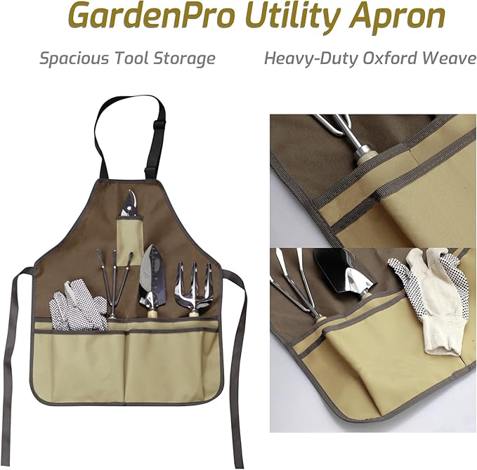 13-Piece Garden Tools Set with Tote Bag &amp; Apron, Repotting Mat - Stainless Steel Heavy Duty Planting Kit, Ergonomic Non-Slip Handles - Gardening Gift for Women, Mom, Home Gardeners