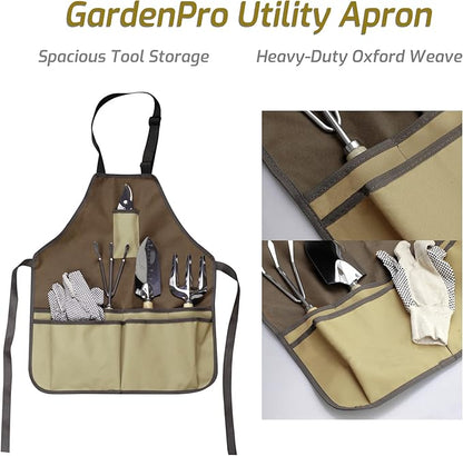 13-Piece Garden Tools Set with Tote Bag &amp; Apron, Repotting Mat - Stainless Steel Heavy Duty Planting Kit, Ergonomic Non-Slip Handles - Gardening Gift for Women, Mom, Home Gardeners
