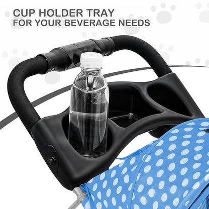 MoNiBloom 3 Wheels Pet Dog Cat Stroller for Small Medium Dogs Cats, Foldable Jogger Stroller w/Storage Basket and Cup Holder, Sky Blue Polka Dots