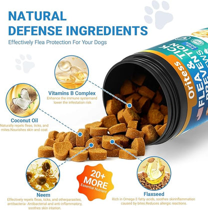 Flea and Tick Prevention for Dogs, 180 Soft Chews Natural Dog Flea and Tick Chewables Oral Flea Supplement for Dogs, Puppy Flea Support - All Breeds &amp; Ages - Chicken Flavor