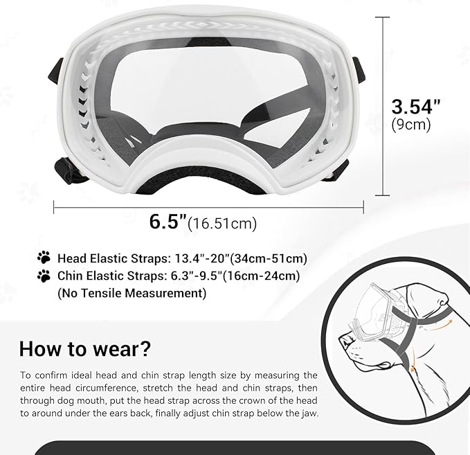 NAMSAN Clear Dog Goggles for Large Dogs, Wide Eyecup &amp; Soft Frame, Anti-UV Sunglasses for Dogs Medium to Large Breed, Driving Dog Eye Protection, Windproof Dustproof, Adjustable, White Frame