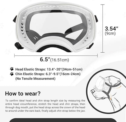 NAMSAN Clear Dog Goggles for Large Dogs, Wide Eyecup &amp; Soft Frame, Anti-UV Sunglasses for Dogs Medium to Large Breed, Driving Dog Eye Protection, Windproof Dustproof, Adjustable, White Frame