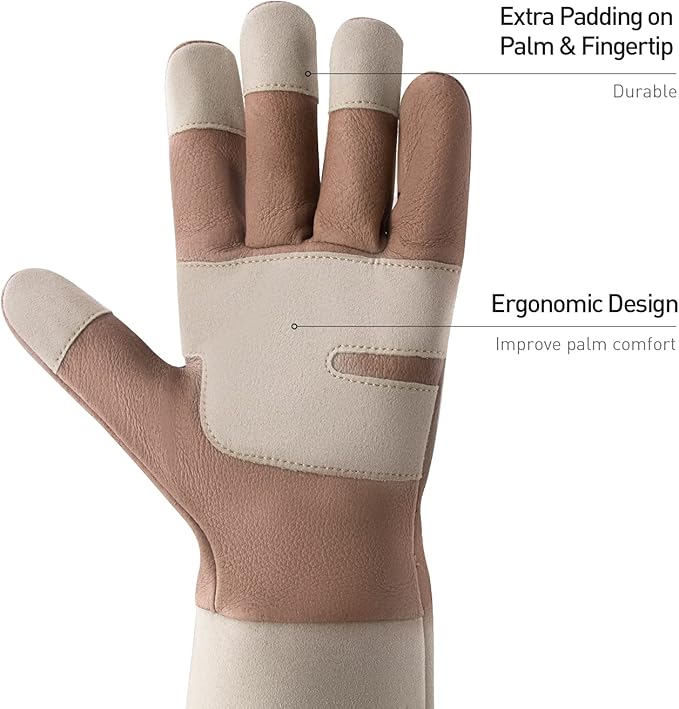 HANDLANDY Long Gardening Gloves for Men &amp; Women, Thorn Proof Rose Pruning Gloves Leather Gauntlets Garden Glove Yard Work Glove (Small, Brown)