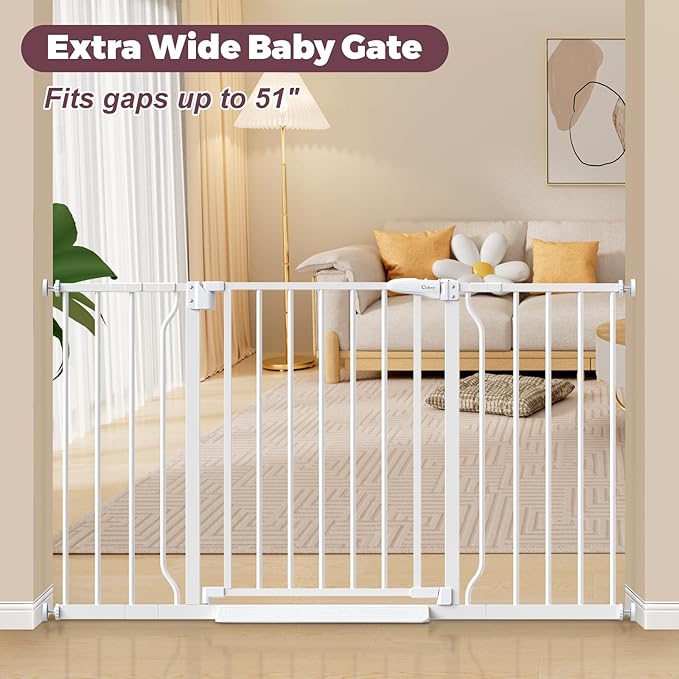29"-51" Baby Gate for Stairs, Auto Close Stroller Friendly Dog Gate Indoor for Doorways, Pressure Mounted Baby Gate, Easy Walk Through Gate for Children &amp; Pets, White