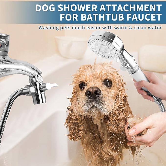 Klleyna Filter Dog Shower-Attachment for Bathtub-Faucet - ON/OFF Shower Head Attaches to Tub Spout, Pet Wash Hose Sink Sprayer (5 Adapters), Bathroom Kitchen Tap Extension for Hair Washing &amp; Baby Bath