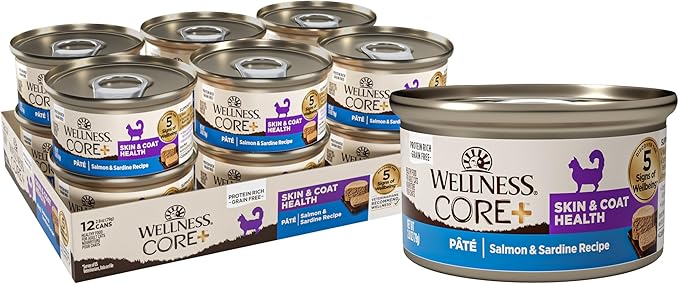 Wellness CORE+ Skin &amp; Coat Pate Adult Wet Cat Food, Natural, Protein-Rich, Grain Free, 2.8 Ounce, 12 Pack (Salmon &amp; Sardine)