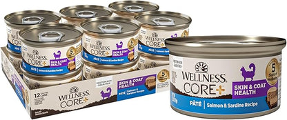 Wellness CORE+ Skin &amp; Coat Pate Adult Wet Cat Food, Natural, Protein-Rich, Grain Free, 2.8 Ounce, 12 Pack (Salmon &amp; Sardine)