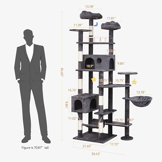 85in Giant Cat Tree for Heavy Duty Big Cats, Large Cat Trees with Scratching Post, Cat Tree Tower with Cat Condos, Hammock &amp; Plush Perch for Maine Coon, Smoky Gray