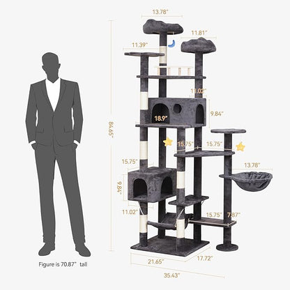 85in Giant Cat Tree for Heavy Duty Big Cats, Large Cat Trees with Scratching Post, Cat Tree Tower with Cat Condos, Hammock &amp; Plush Perch for Maine Coon, Smoky Gray