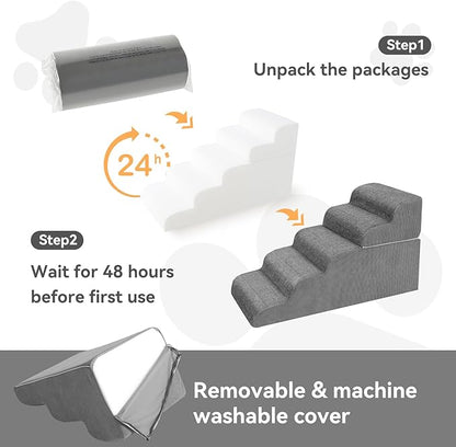 𝟱 𝗦𝘁𝗲𝗽𝘀 Dog Stairs for High Beds, 21.3" Tall Pet Steps for Small to Large Dogs &amp; Cats, Waterproof with Removable Cover &amp; PE Support Board for Bed, Couch, or Car