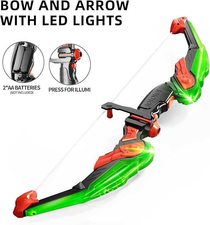 TEMI Bow and Arrow Set for Kids - Archery Toy Set - LED Light Up with Suction Cup Arrows, Target &amp; Quiver, Indoor and Outdoor Toys for Children Boys Girls