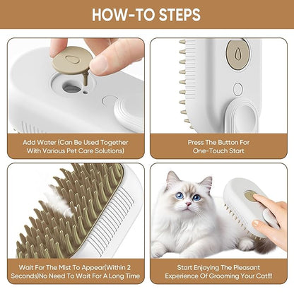 4-in-1 Cat Steam Brush for shedding – Self-Cleaning Comb for Long and Short Hair Cats and Dogs, Steam Pet Brush for Hair Removal, Vibrating Message, Grooming &amp; Relaxation (White)