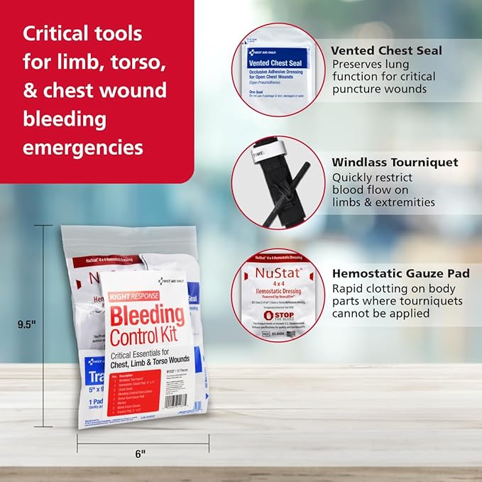 First Aid Only 91137 Critical Essentials Bleeding Control Kit for Chest, Limb &amp; Torso Wounds, 10 Pieces