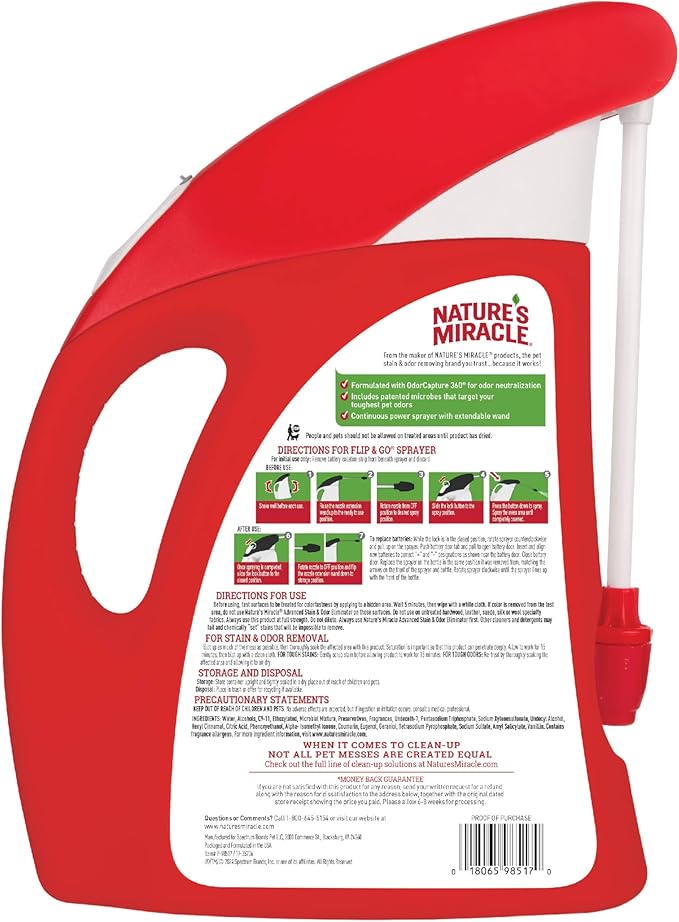 Nature’s Miracle Advanced Stain &amp; Odor Eliminator For Dogs With Flip &amp; Go Sprayer, 64 Ounces, Enzymatic Formula For Severe Dog Messes Including Urine, Feces, Diarrhea And Vomit Stains And Odors
