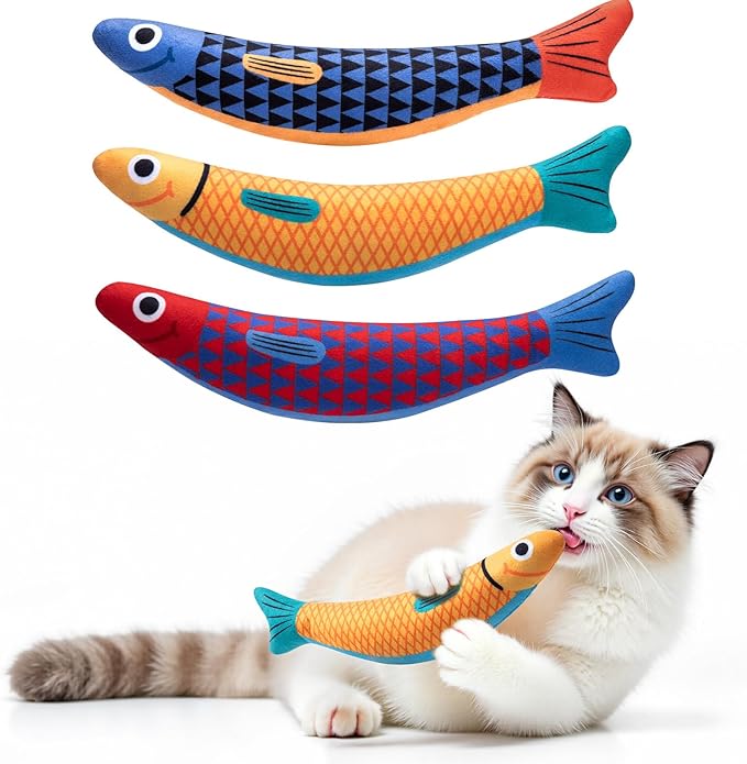 Interactive Cat Toys with[5000mg Premium A+Catnip][Baby Grade] Soft Chew Kicker Cat Toys for Indoor Cats &amp; Kittens, Crinkle &amp;Rattle Fish Sound Toy, Drives Bored Cats Crazy with Fun,3 Pack