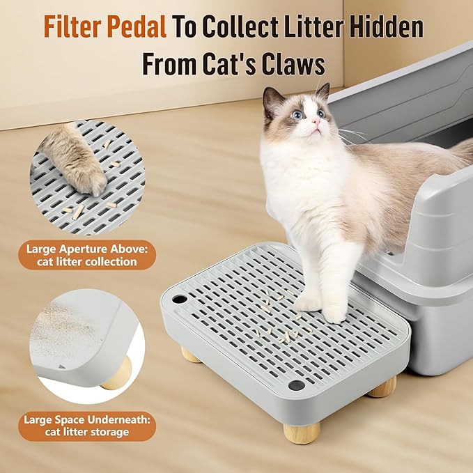 Cat Litter Box Step Ramp, Cat Litter Catcher Mat with Wooden Feet, Filter Function, Cat Pedal Stool for Self-Cleaning Cat Litter Box, Ideal for Kitten &amp; Elderly Cats (Light Grey)